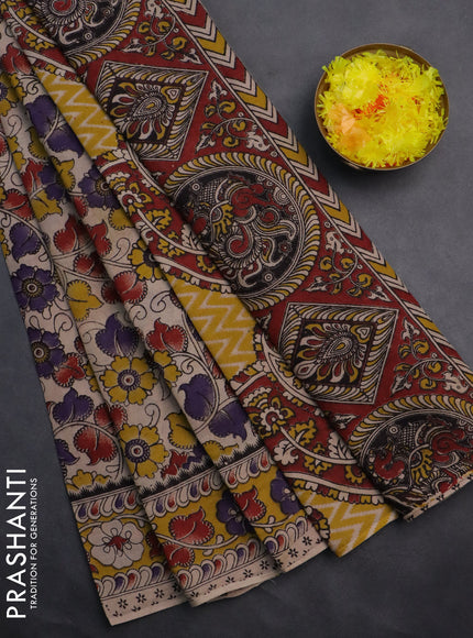 Kalamkari cotton saree beige and yellow with allover prints and printed border