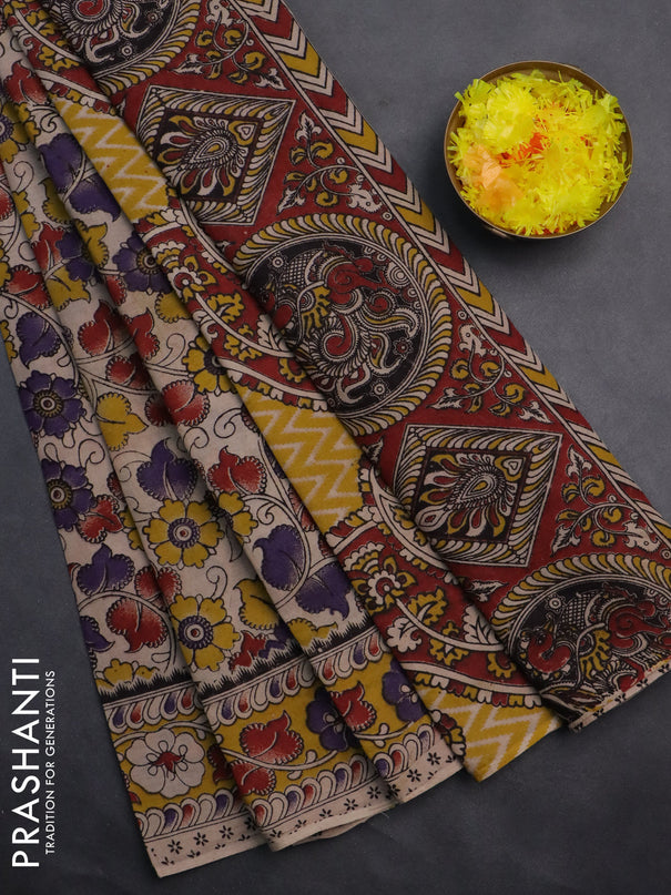 Kalamkari cotton saree beige and yellow with allover prints and printed border
