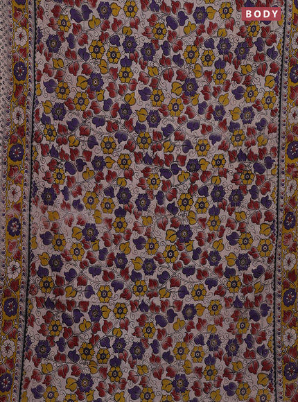 Kalamkari cotton saree beige and yellow with allover prints and printed border