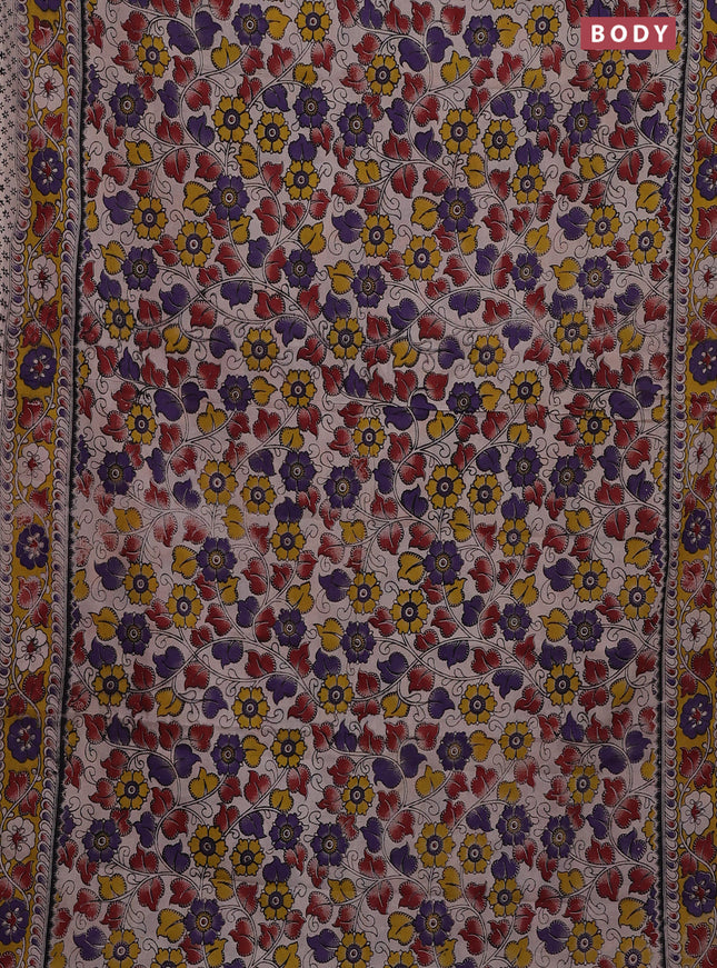 Kalamkari cotton saree beige and yellow with allover prints and printed border