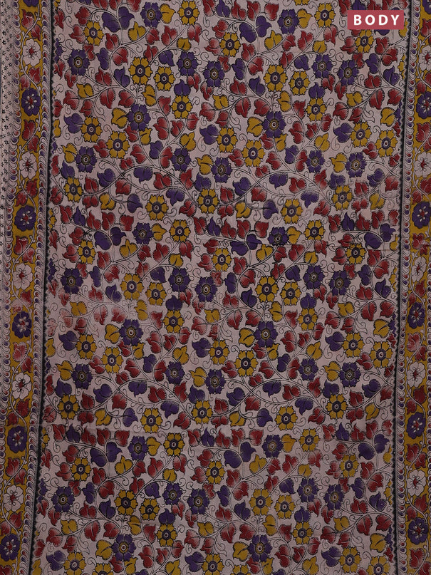 Kalamkari cotton saree beige and yellow with allover prints and printed border