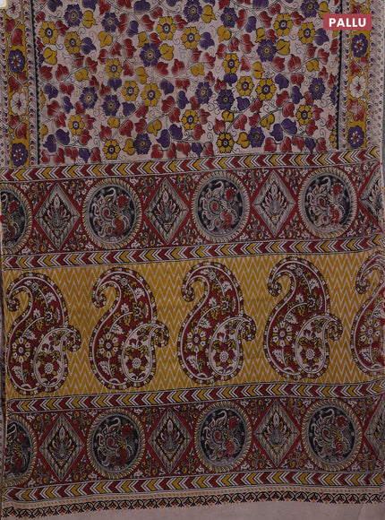 Kalamkari cotton saree beige and yellow with allover prints and printed border