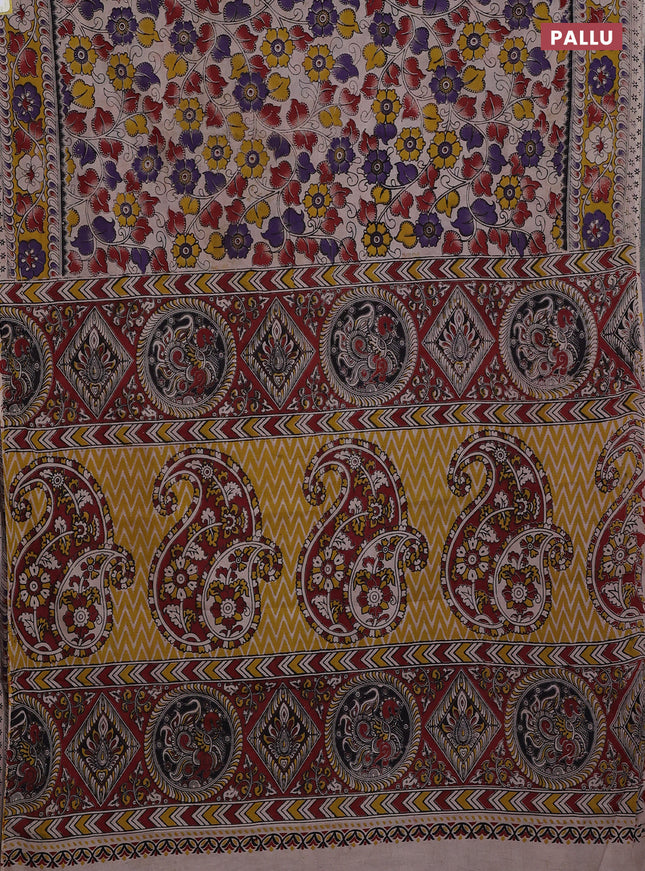 Kalamkari cotton saree beige and yellow with allover prints and printed border