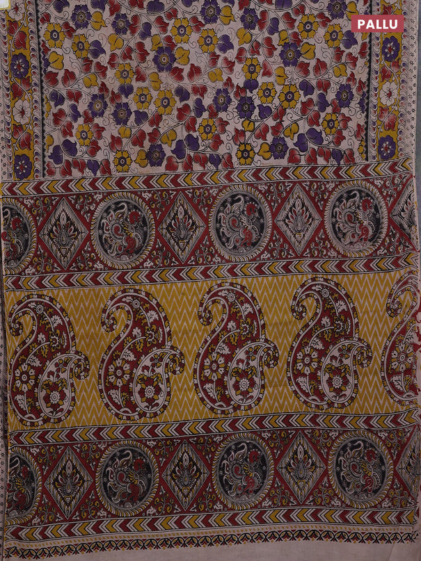 Kalamkari cotton saree beige and yellow with allover prints and printed border