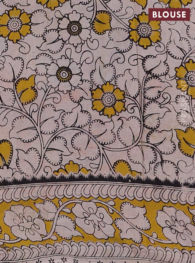 Kalamkari cotton saree beige and yellow with allover prints and printed border