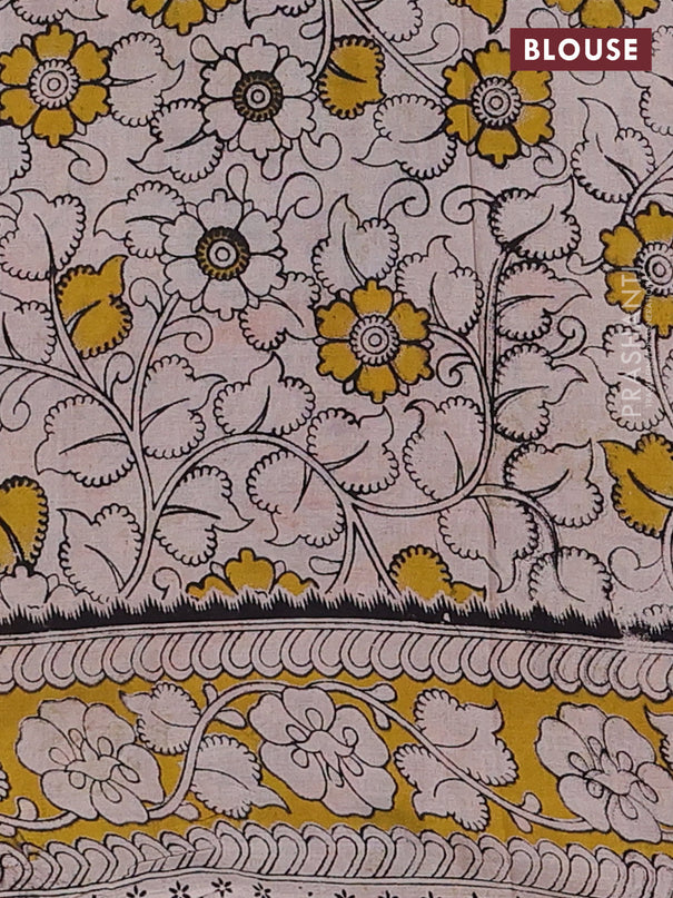 Kalamkari cotton saree beige and yellow with allover prints and printed border