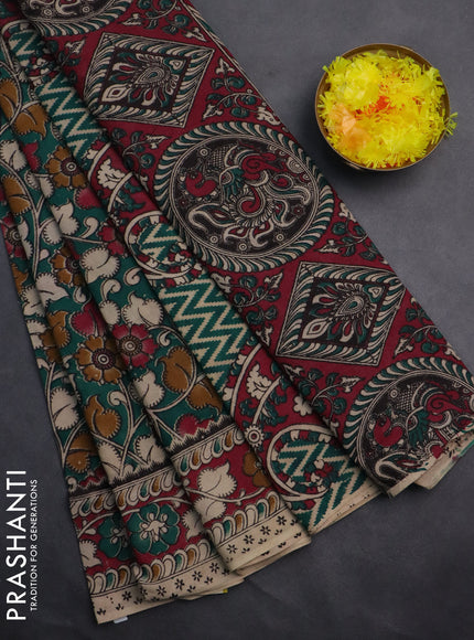Kalamkari cotton saree green and magenta pink with allover prints and printed border