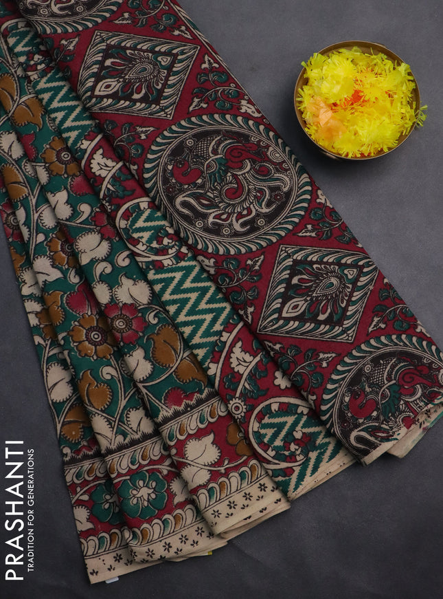 Kalamkari cotton saree green and magenta pink with allover prints and printed border