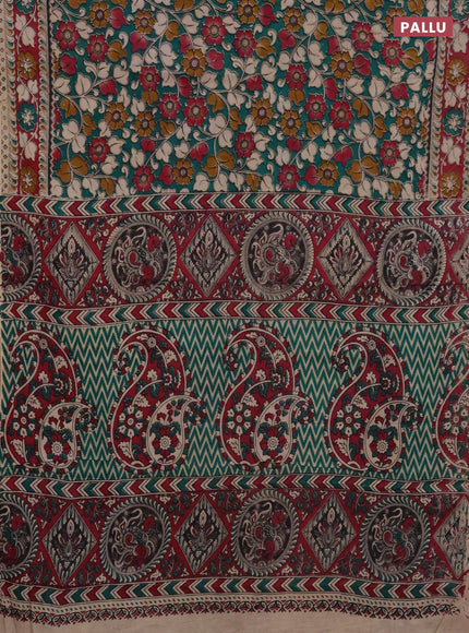 Kalamkari cotton saree green and magenta pink with allover prints and printed border