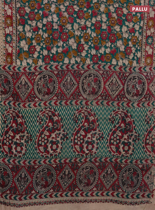 Kalamkari cotton saree green and magenta pink with allover prints and printed border