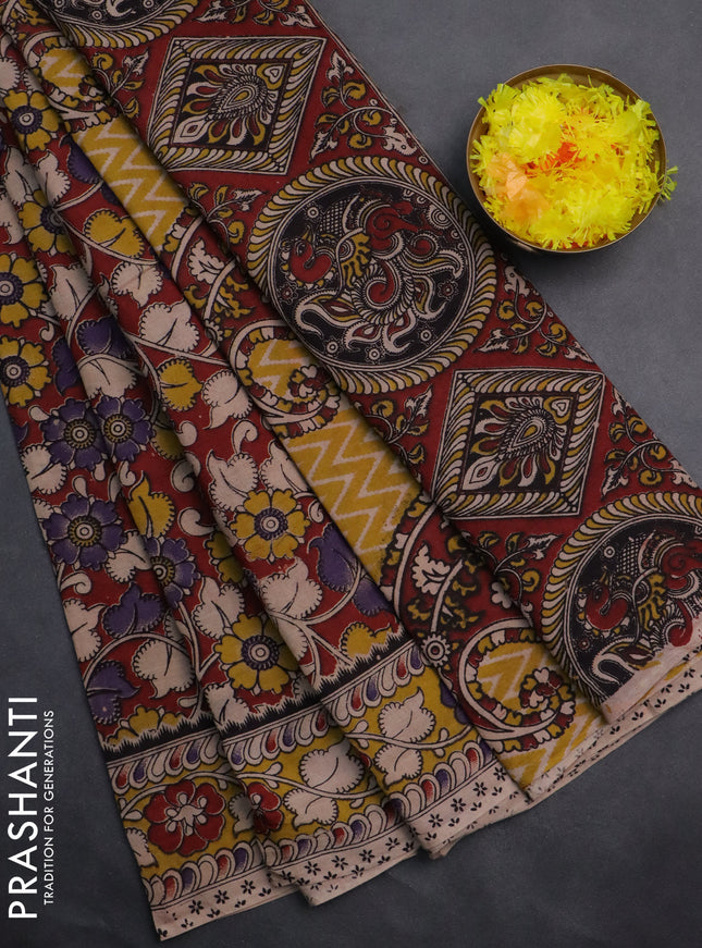Kalamkari cotton saree maroon and yellow with allover prints and printed border