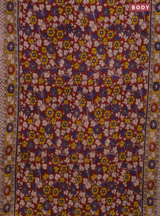 Kalamkari cotton saree maroon and yellow with allover prints and printed border