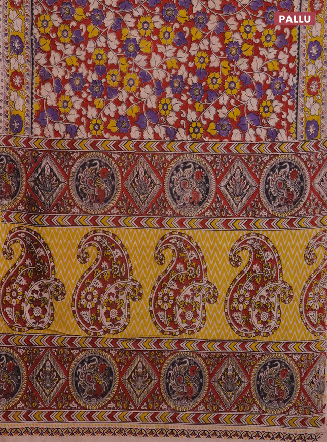 Kalamkari cotton saree maroon and yellow with allover prints and printed border