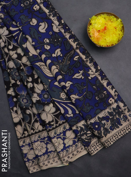 Kalamkari cotton saree black and blue with allover prints and printed border