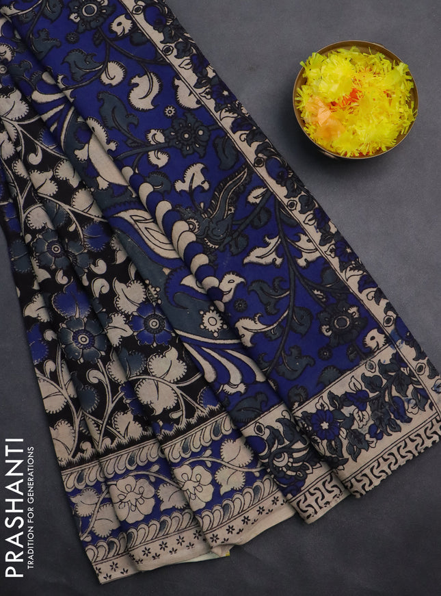 Kalamkari cotton saree black and blue with allover prints and printed border