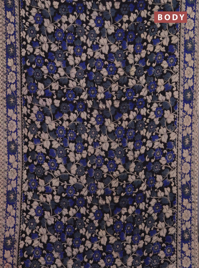 Kalamkari cotton saree black and blue with allover prints and printed border