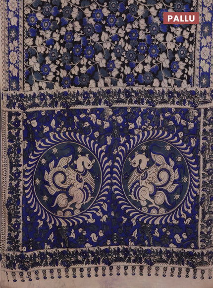 Kalamkari cotton saree black and blue with allover prints and printed border
