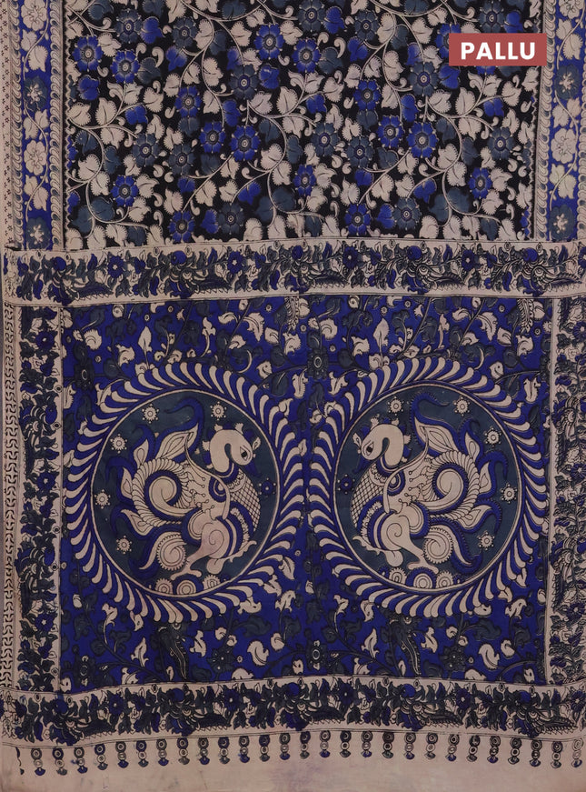 Kalamkari cotton saree black and blue with allover prints and printed border