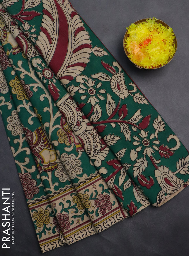 Kalamkari cotton saree green and beige with allover prints and printed border