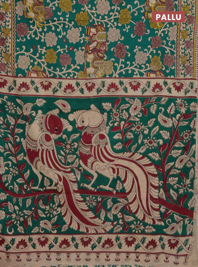 Kalamkari cotton saree green and beige with allover prints and printed border