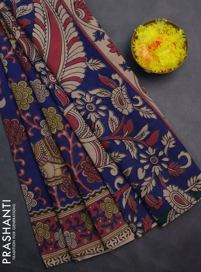 Kalamkari cotton saree blue and maroon with allover prints and printed border