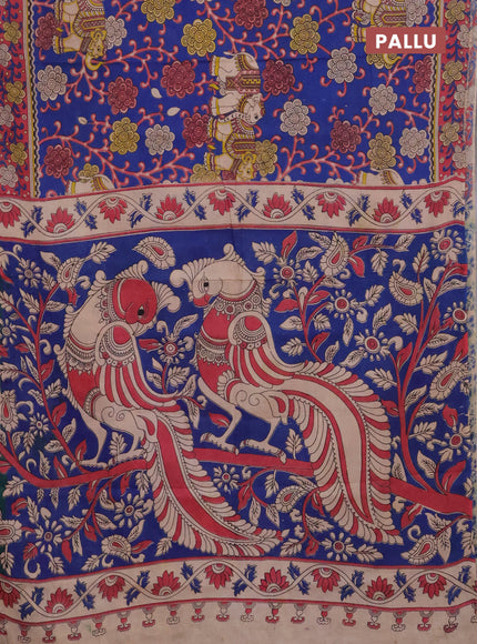 Kalamkari cotton saree blue and maroon with allover prints and printed border