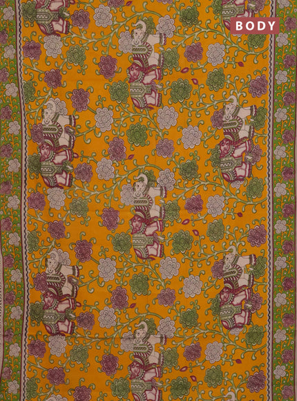 Kalamkari cotton saree mango yellow and sap green with allover prints and printed border