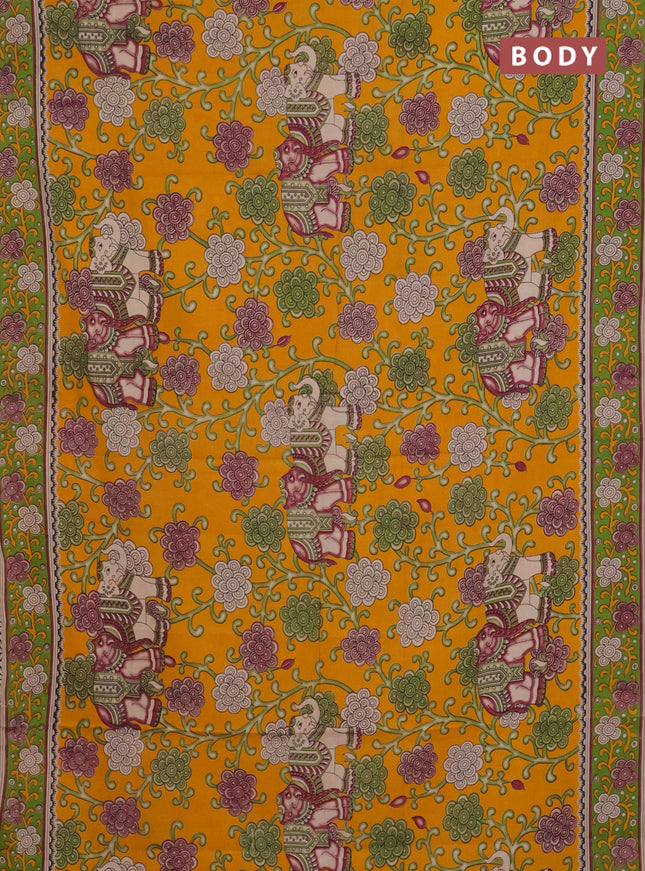 Kalamkari cotton saree mango yellow and sap green with allover prints and printed border