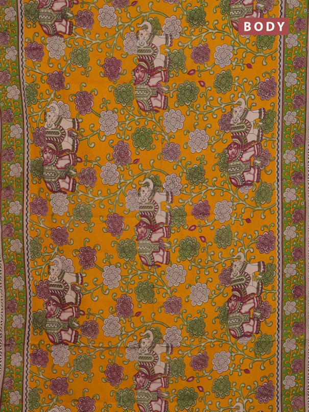 Kalamkari cotton saree mango yellow and sap green with allover prints and printed border