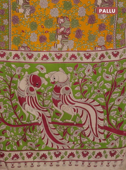 Kalamkari cotton saree mango yellow and sap green with allover prints and printed border