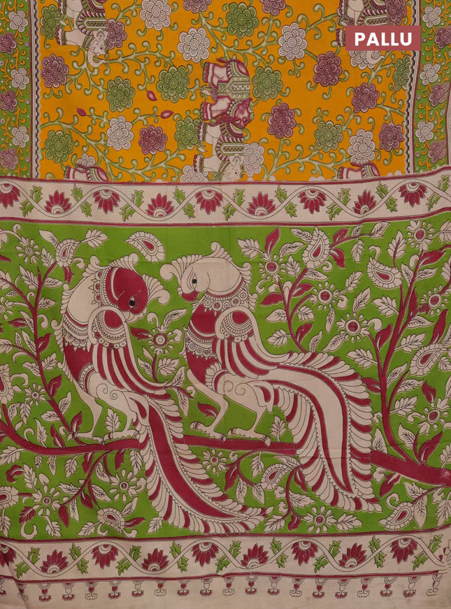 Kalamkari cotton saree mango yellow and sap green with allover prints and printed border