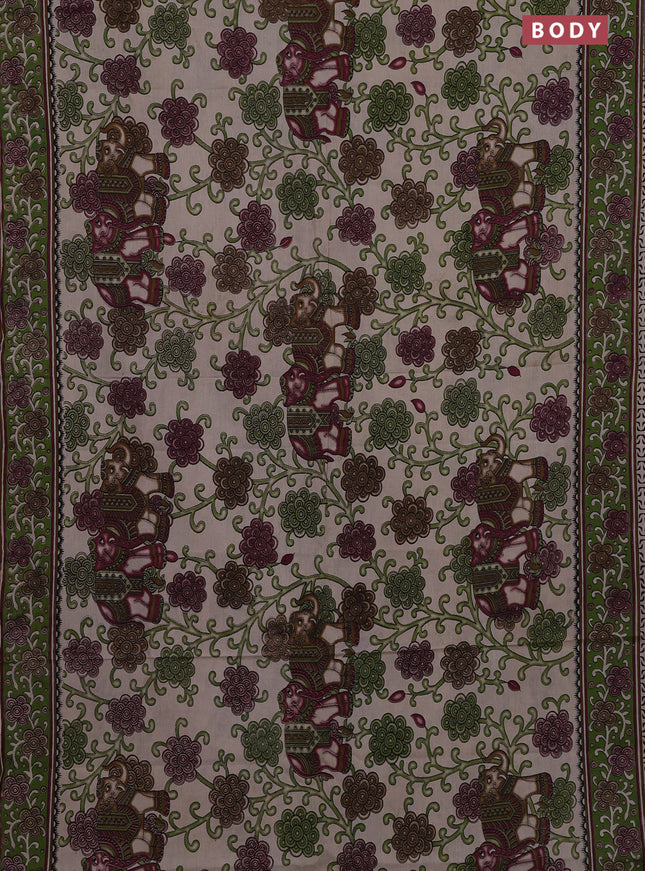 Kalamkari cotton saree beige and sap green with allover prints and printed border