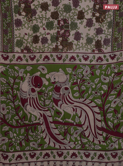 Kalamkari cotton saree beige and sap green with allover prints and printed border
