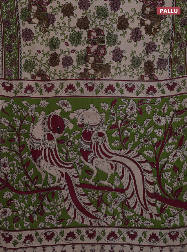 Kalamkari cotton saree beige and sap green with allover prints and printed border