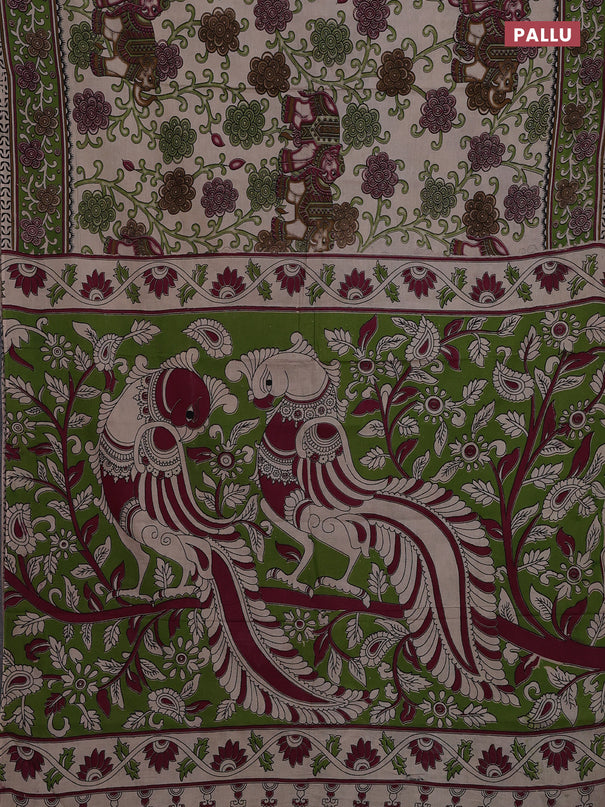 Kalamkari cotton saree beige and sap green with allover prints and printed border