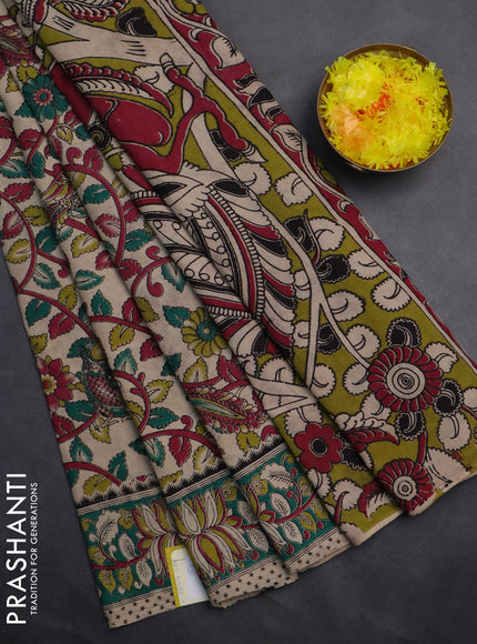 Kalamkari cotton saree cream and green with allover prints and printed border