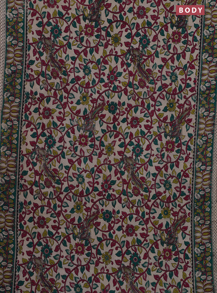 Kalamkari cotton saree cream and green with allover prints and printed border