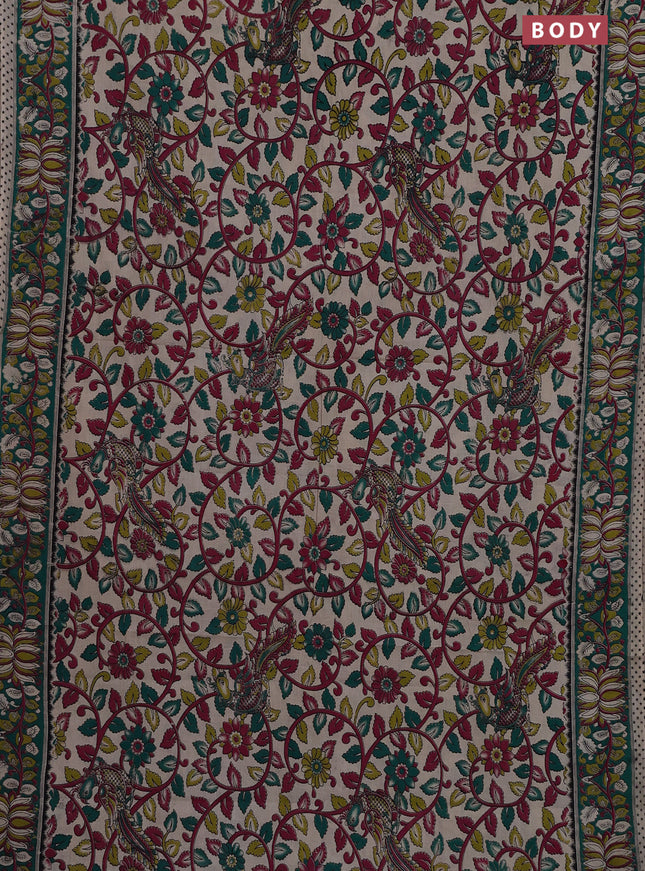 Kalamkari cotton saree cream and green with allover prints and printed border