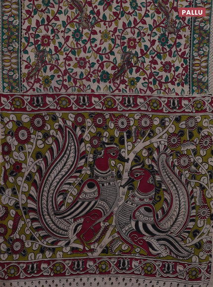 Kalamkari cotton saree cream and green with allover prints and printed border