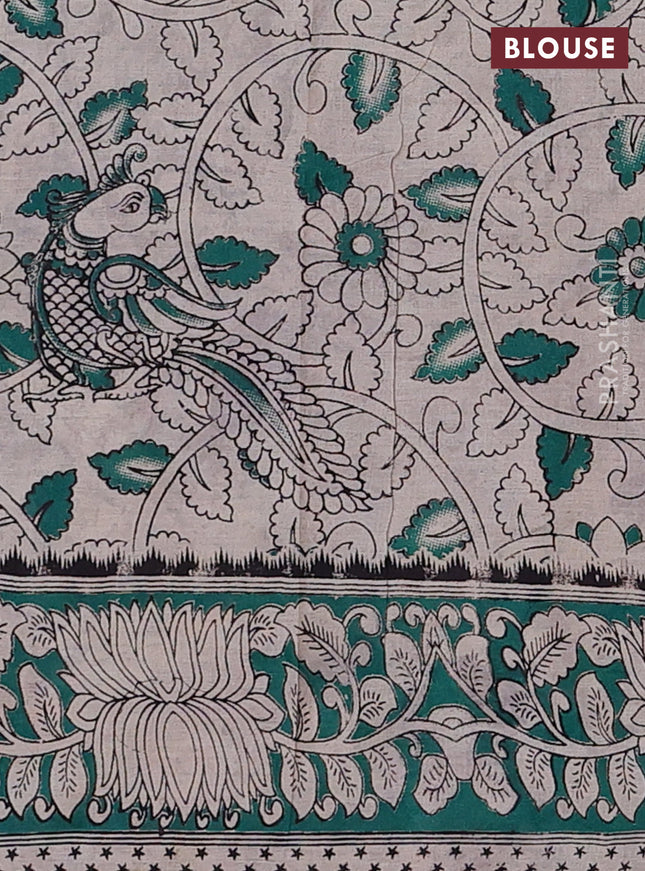 Kalamkari cotton saree cream and green with allover prints and printed border