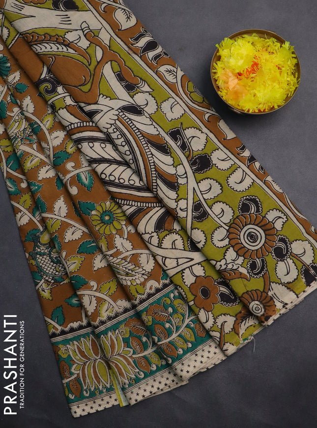 Kalamkari cotton saree mustard yellow and green with allover prints and printed border