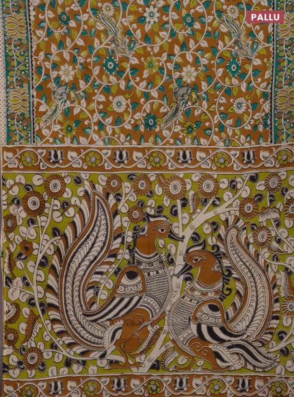 Kalamkari cotton saree mustard yellow and green with allover prints and printed border