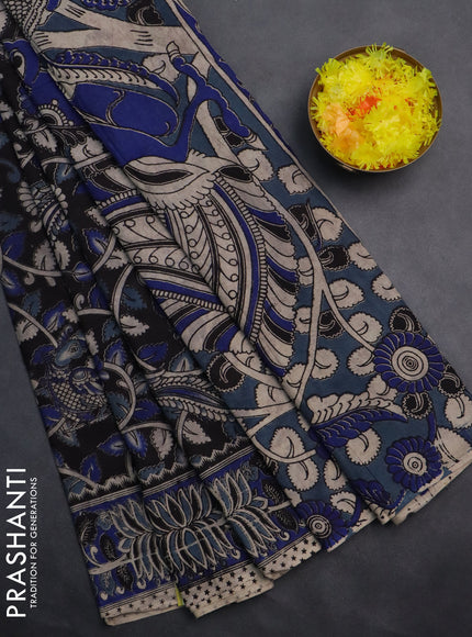 Kalamkari cotton saree black and blue with allover prints and printed border