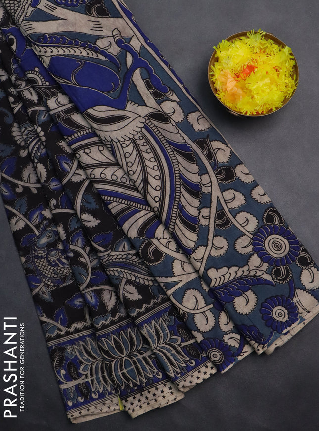 Kalamkari cotton saree black and blue with allover prints and printed border