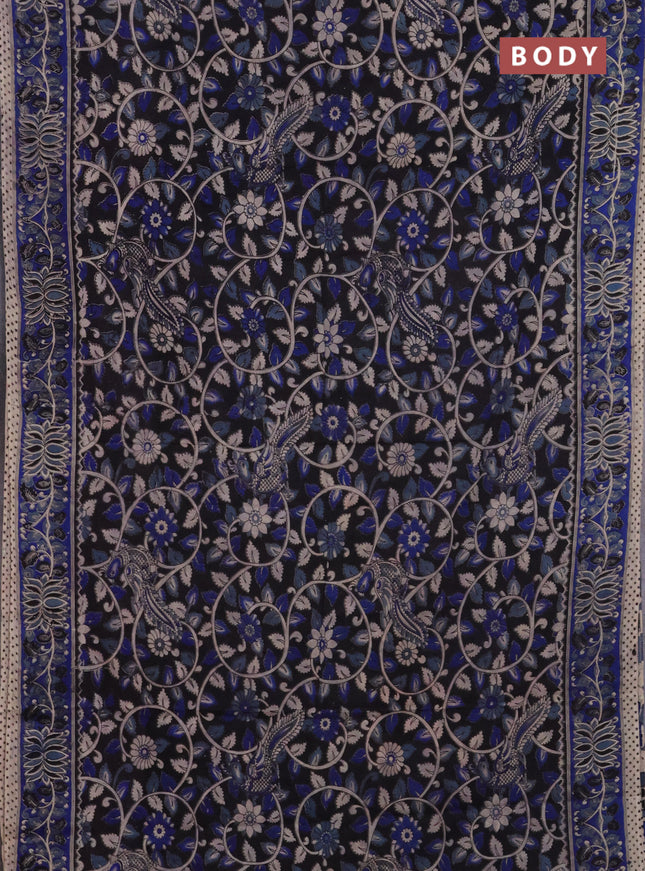 Kalamkari cotton saree black and blue with allover prints and printed border