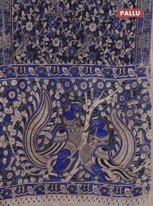 Kalamkari cotton saree black and blue with allover prints and printed border