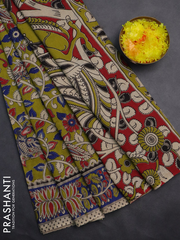 Kalamkari cotton saree lime green and blue with allover prints and printed border