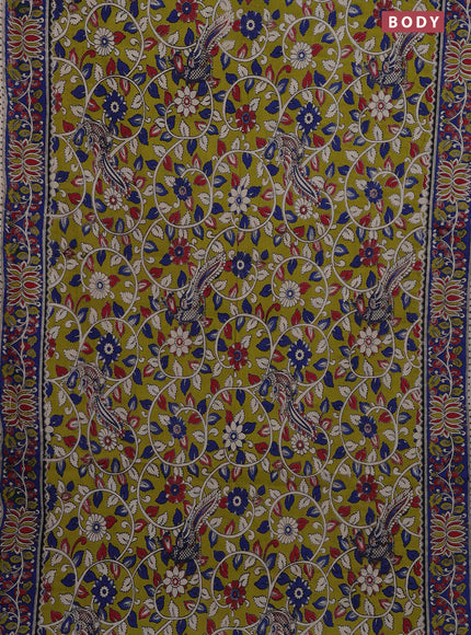 Kalamkari cotton saree lime green and blue with allover prints and printed border