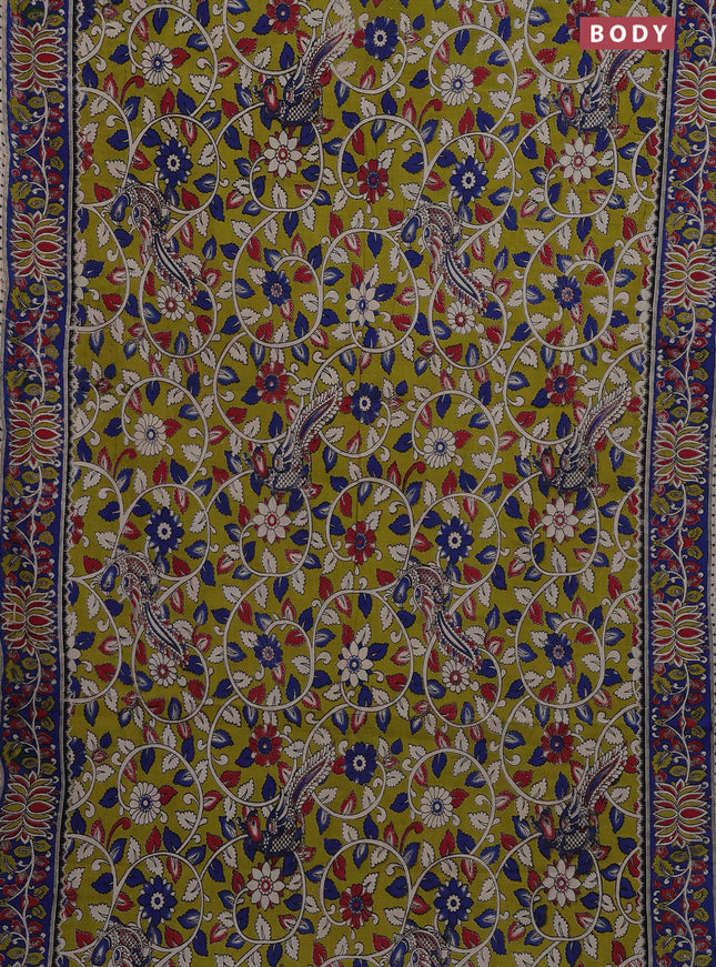 Kalamkari cotton saree lime green and blue with allover prints and printed border