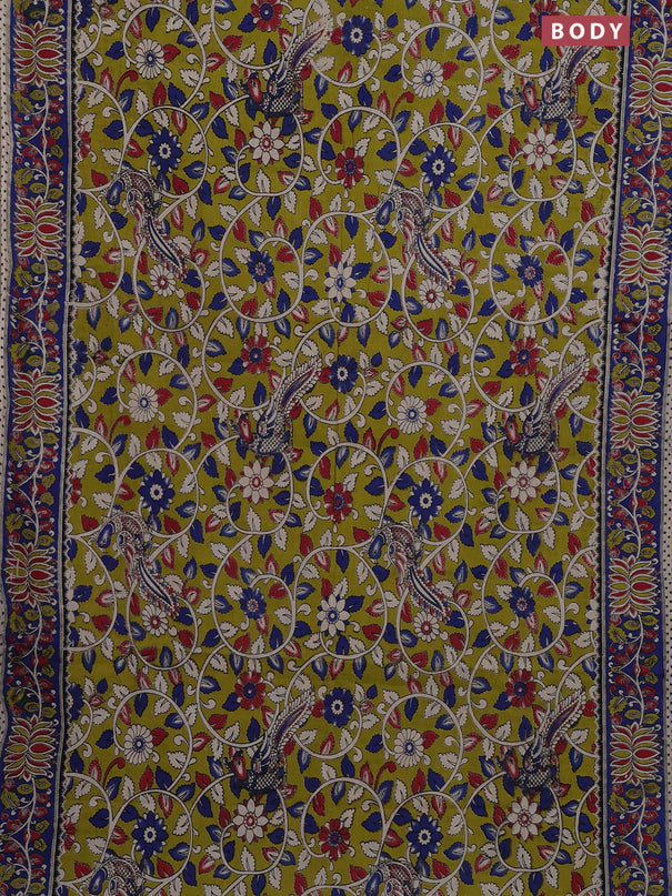 Kalamkari cotton saree lime green and blue with allover prints and printed border